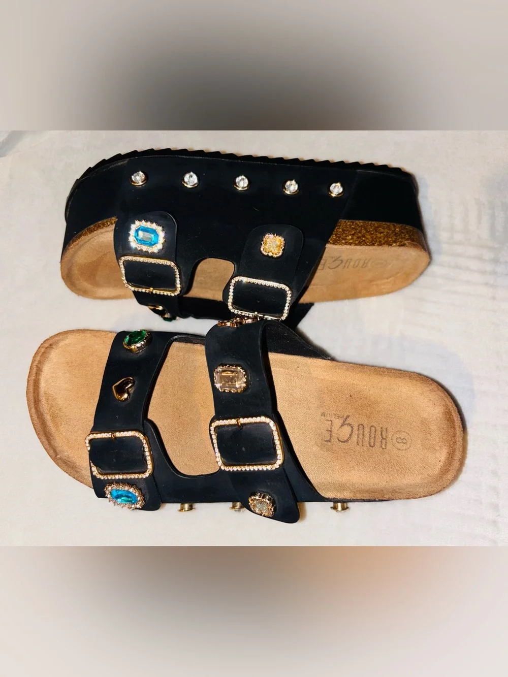 Black Jeweled Double-Buckle Slide Sandals